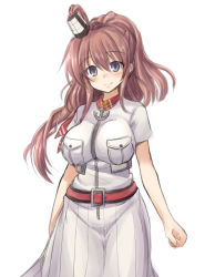Rule 34 | 10s, 1girl, anchor, ascot, belt, blue eyes, breast pocket, breasts, brown hair, dress, impossible clothes, kantai collection, kokutou nikke, large breasts, long hair, looking at viewer, pocket, ponytail, red ascot, saratoga (kancolle), side ponytail, smile, smokestack, solo, standing, white dress