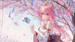 Rule 34 | 1girl, animal ears, bare shoulders, bird, blue bird, cherry blossoms, commentary request, earrings, emoticon, falling petals, floppy ears, fox ears, fox shadow puppet, genshin impact, hair between eyes, hand up, highres, japanese clothes, jewelry, lixiang guo alice, long hair, looking at viewer, nontraditional miko, parted lips, petals, pink hair, purple eyes, red ribbon, ribbon, smile, solo, tree, twitter username, upper body, very long hair, white sleeves, wide sleeves, wind chime, yae miko