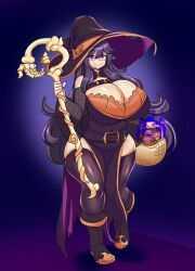 Rule 34 | 1girl, bodysuit, bone, breasts, cleavage, creatures (company), female focus, game freak, glasses, halloween, hat, hex maniac (pokemon), highres, holding, holding staff, huge breasts, nintendo, plump, pokemon, purple eyes, purple hair, smile, solo, southger, staff, standing, thick thighs, thighhighs, thighs, wide hips, witch hat, zettai ryouiki