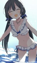 1girl :d ^_^ backlighting bare_shoulders bikini black_hair blue_bow blue_ribbon blush bow breasts cleavage closed_eyes collarbone commentary_request cowboy_shot day facing_viewer frilled_bikini frills fujishiro_emyu hair_between_eyes hair_ribbon highres jewelry kozue_mayu kozue_mayu_(swimsuit_costume) long_hair low_twintails magia_record:_mahou_shoujo_madoka_magica_gaiden mahou_shoujo_madoka_magica medium_breasts navel necklace official_alternate_costume open_mouth outdoors ribbon smile solo sparkle standing swimsuit twintails very_long_hair wading water white_bikini