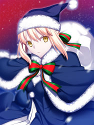 Rule 34 | 1girl, artoria pendragon (fate), blonde hair, capelet, dress, fate/grand order, fate/stay night, fate (series), hat, highres, looking at viewer, saber (fate), saber alter, sack, santa alter, santa hat, skylader, solo, yellow eyes