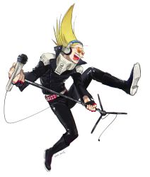 Rule 34 | 1boy, :d, amplifier, artist name, belt, blonde hair, blurry, boku no hero academia, boots, costume, crested hair, depth of field, epaulettes, facial hair, fingerless gloves, gloves, hair up, headphones, jacket, long hair, male focus, microphone, mustache, open mouth, present mic, simple background, smile, solo, studded belt, studded jacket, sunglasses, tinted eyewear, tongue, tongue out, ura musi, white background