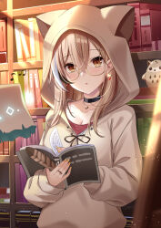 Rule 34 | 1girl, :o, absurdres, animal hood, benchen06, berry, black choker, book, bookshelf, brown eyes, brown hair, brown hoodie, choker, crossed bangs, earrings, ears through headwear, feathers, food-themed earrings, friend (nanashi mumei), glasses, highres, holding, holding book, hololive, hololive english, hood, hood up, hoodie, hootsie (nanashi mumei), jewelry, library, light particles, light rays, long hair, looking at viewer, multicolored hair, musical note, nail polish, nanashi mumei, nanashi mumei (casual), necklace, objectification, official alternate costume, open mouth, oversized clothes, quill, red shirt, round eyewear, runes, shirt, sleeves past wrists, streaked hair, sweater, virtual youtuber, white sweater, yellow nails