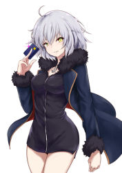 Rule 34 | 1girl, bad id, bad pixiv id, black dress, cowboy shot, credit card, dress, fate/grand order, fate (series), fur trim, jacket, jeanne d&#039;arc (fate), jeanne d&#039;arc alter (fate), jeanne d&#039;arc alter (ver. shinjuku 1999) (fate), looking at viewer, official alternate costume, open clothes, open jacket, parted lips, shiunnkaku, short dress, short hair, silver hair, solo, yellow eyes