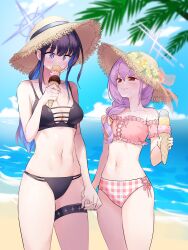 Rule 34 | 2girls, absurdres, atsuko (blue archive), bare arms, bare shoulders, bikini, black bikini, blue archive, blue eyes, blue hair, blue sky, braid, breasts, cloud, commentary request, day, detached sleeves, food, hat, highres, holding, holding food, holding hands, ice cream, ice cream cone, long hair, looking at another, medium breasts, multiple girls, navel, ocean, pink bikini, purple hair, red eyes, saori (blue archive), short sleeves, sky, stomach, sun hat, suyasuya (user tjnw5554), swimsuit, thigh strap, thighs, water