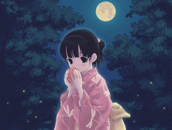 Rule 34 | 1girl, amami mikihiro, bug, fireflies, firefly, full moon, bug, japanese clothes, kimono, moon, original, pink kimono, solo, water yoyo, yukata