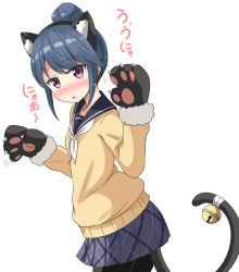 Rule 34 | 1girl, aikawa ryou, animal ears, animal hands, bell, black gloves, black pantyhose, black sailor collar, blue hair, blue skirt, blush, cat ears, cat tail, cowboy shot, fake animal ears, fake tail, from side, gloves, hair bun, highres, long sleeves, looking at viewer, miniskirt, motion lines, neckerchief, open mouth, pantyhose, paw gloves, paw pose, plaid, plaid skirt, pleated skirt, purple eyes, sailor collar, shima rin, short hair, single hair bun, skirt, solo, standing, sweater, tail, tail bell, tail ornament, translated, v-neck, white neckerchief, yellow sweater, yurucamp