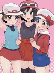Rule 34 | 3boys, :d, blue overalls, blush, brown eyes, calem (pokemon), closed mouth, collarbone, commentary request, cosplay, cowboy shot, creatures (company), crossdressing, ethan (pokemon), game freak, grey eyes, hand on another&#039;s hip, hat, highres, leaf (pokemon), leaf (pokemon) (cosplay), looking at viewer, lyra (pokemon), lyra (pokemon) (cosplay), male focus, multiple boys, nintendo, open mouth, overalls, pink background, pink headwear, pleated skirt, pokemon, pokemon frlg, pokemon hgss, pokemon xy, red (pokemon), red shirt, red skirt, sana (37pisana), serena (pokemon), serena (pokemon) (cosplay), shiny skin, shirt, short hair, simple background, skirt, sleeveless, sleeveless shirt, smile, sunglasses, thighhighs, white-framed eyewear, white headwear, wristband