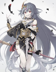 Rule 34 | 1girl, asuna (doruru-mon), asymmetrical gloves, bad id, bad pixiv id, black hair, feathers, fu hua, fu hua (herrscher of sentience), gloves, hair between eyes, hair ornament, highres, holding, holding polearm, holding spear, holding weapon, honkai (series), honkai impact 3rd, long hair, looking at viewer, polearm, red eyes, simple background, smile, solo, spear, teeth, uneven gloves, weapon, white background