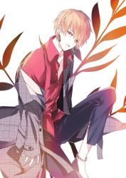 Rule 34 | 1boy, anklet, bare legs, black pants, blonde hair, blouse, collared shirt, commentary, commentary request, contemporary, earrings, expressionless, fate/grand order, fate (series), feet out of frame, gilgamesh, gilgamesh (caster) (fate), gilgamesh (fate), highres, jacket, jewelry, kaa, long sleeves, looking at viewer, male focus, official alternate costume, pants, red eyes, red shirt, shirt, short hair, solo