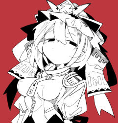 Rule 34 | 1girl, breasts, hair between eyes, hat, impossible clothes, impossible shirt, looking at viewer, massakasama, medium breasts, medium hair, monochrome, puffy sleeves, red background, shiki eiki, shirt, solo, touhou, upper body, zipper, zipper pull tab