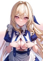 Rule 34 | 1girl, apron, blonde hair, blue dress, blush, braid, breasts, center opening, character request, cleavage cutout, clothing cutout, copyright request, dress, hands on own chest, heart, heart-shaped pupils, highres, large breasts, ll 0109, long hair, looking at viewer, mole, mole under eye, red eyes, ribbon, simple background, solo, symbol-shaped pupils, very long hair, white apron, white background, white ribbon