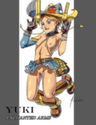 Rule 34 | ac120, belt, blonde hair, boots, breasts, cowboy hat, dual wielding, earrings, enchanted arms, flat chest, gun, hat, holding, jewelry, navel, nipples, nude, pussy, short hair, tagme, upskirt, weapon, wind, wind lift, yuki (enchanted arms)