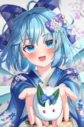 Rule 34 | 1girl, ahoge, arms up, artist name, belt, blue bow, blue eyes, blue hair, blue kimono, blush, bow, cirno, commentary request, commission, floral print, grey background, hair bow, hair ribbon, highres, holding, ice, ice wings, japanese clothes, kimono, long sleeves, looking at viewer, mikoto (0709mikoto), open mouth, purple bow, ribbon, short hair, simple background, skeb commission, smile, solo, standing, teeth, tongue, touhou, wide sleeves, wings, yellow belt, yellow ribbon