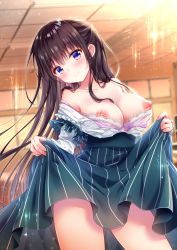 Rule 34 | 1girl, bad id, bad pixiv id, blue eyes, blurry, blurry background, blush, bra, breasts, brown hair, clothes lift, cover, dress, dress lift, fake cover, indoors, large breasts, lifted by self, long hair, looking at viewer, murasaki (murasakiiro no yoru), nipples, off shoulder, original, smile, solo, underwear