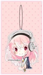 Rule 34 | 1girl, bad id, bad pixiv id, blush, breasts, chibi, enzou, headphones, long hair, looking at viewer, nitroplus, pink hair, red eyes, smile, solo, super sonico