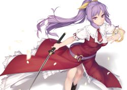Rule 34 | 1girl, boots, hair ribbon, holding, holding sword, holding weapon, katana, looking at viewer, necktie, petals, ponytail, purple eyes, purple hair, ribbon, rokuwata tomoe, simple background, smile, solo, sword, touhou, watatsuki no yorihime, weapon, white background
