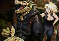 Rule 34 | 1boy, 1girl, :d, black bodysuit, blonde hair, blue eyes, bodysuit, breasts, caiman (dorohedoro), chopsticks, cleavage, closed eyes, dorohedoro, dumpling, eating, food, furry, furry male, hand on own hip, happy, highres, holding, holding food, indoors, jacket, jiaozi, large breasts, lizardman, looking at another, nikaidou (dorohedoro), open mouth, plate, rojiyump, saliva, smile, standing