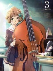Rule 34 | 1girl, album cover, blonde hair, blush, bow, brown shirt, brown skirt, chalkboard, classroom, closed mouth, cover, curly hair, double bass, green bow, green eyes, hair bow, hand up, hibike! euphonium, highres, holding, holding instrument, ikeda shouko, indoors, instrument, kawashima sapphire, kitauji high school uniform, long sleeves, looking at viewer, metronome, neckerchief, official art, pleated skirt, polka dot, red neckerchief, sailor collar, school uniform, serafuku, shirt, short hair, skirt, smile, solo, standing, sunlight, white sailor collar