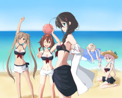 Rule 34 | 10s, 5girls, beach, blonde hair, blue hair, braid, breasts, brown hair, cleavage, closed eyes, day, gradient background, gradient hair, groin, hair over shoulder, harusame (kancolle), hat, kantai collection, long hair, medium breasts, multicolored hair, multiple girls, murasame (kancolle), navel, pink hair, remodel (kantai collection), sarong, shigure (kancolle), shiratsuyu (kancolle), shiruppo, single braid, very long hair, yuudachi (kancolle)
