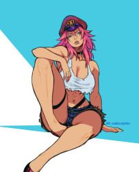 Rule 34 | 1girl, abs, blue eyes, breasts, capcom, cleavage, crop top, crop top overhang, cutoffs, denim, denim shorts, final fight, full body, garter straps, highres, large breasts, leg up, lips, long legs, looking at viewer, medium hair, messy hair, navel, no bra, pink footwear, pink hair, poison (final fight), shorts, sideboob, single garter strap, sitting, solo, street fighter, street fighter iv (series), thick thighs, thighs, torn clothes, twitter username, wallace pires