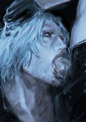 Rule 34 | 2boys, bara, blue eyes, cum, cum in mouth, devil may cry (series), devil may cry 5, drooling, facial hair, fellatio, gloves, hand on head, male focus, multiple boys, oral, saliva, silver hair, solo focus, yaoi