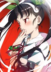 Rule 34 | 1girl, arm at side, backpack, bag, black hair, blush, bow, collarbone, dress shirt, floating hair, gradient background, green bow, green ribbon, hachikuji mayoi, hair ribbon, hairband, hand to own mouth, highres, long hair, looking ahead, loose hair strand, makicha (sasurainopink), making-of available, messy hair, monogatari (series), neck ribbon, pink bag, red background, red eyes, red ribbon, revision, ribbon, school uniform, shirt, short sleeves, skirt, solo, suspender skirt, suspenders, twintails, upper body, white hairband, white shirt, wind