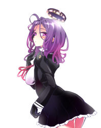 Rule 34 | 10s, 1girl, black gloves, blush, breasts, dress, fujisaki dahoma, gloves, halo, headgear, highres, kantai collection, large breasts, looking at viewer, looking back, mechanical halo, purple eyes, purple hair, school uniform, short hair, simple background, skirt, solo, tatsuta (kancolle), white background