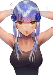 Rule 34 | 1girl, arms up, bad id, bad pixiv id, collarbone, facial mark, girls&#039; frontline, green eyes, hair ornament, hair tie in mouth, highres, hk416 (girls&#039; frontline), long hair, mouth hold, sidelocks, silver hair, simple background, solo, tank top, tying hair, upper body, v-shaped eyebrows, white background, xanax025