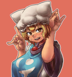 Rule 34 | 1girl, animal hat, blonde hair, blush, brown eyes, chanta (ayatakaoisii), covered erect nipples, hands up, hat, looking at viewer, mob cap, open mouth, outline, red background, short hair, simple background, smile, solo, touhou, white hat, white outline, yakumo ran