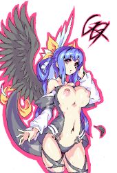 Rule 34 | 1girl, arc system works, asymmetrical wings, bad id, bad pixiv id, blue hair, breasts, dizzy (guilty gear), guilty gear, large breasts, long hair, nipples, pzk1, red eyes, ribbon, solo, tail, tail ornament, tail ribbon, wings