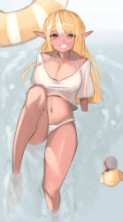 Rule 34 | 1girl, absurdres, bikini, bikini bottom only, bird, blonde hair, breasts, cleavage, collarbone, cropped shirt, dark-skinned female, dark skin, duck, from above, highres, hololive, large breasts, looking up, midriff, navel, orange eyes, pointy ears, relaxed entity, shiranui flare, shirt, smile, solo focus, subaru duck, swimsuit, virtual youtuber, white bikini, white shirt