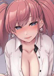 Rule 34 | 1girl, atlanta (kancolle), breasts, brown hair, cleavage, commentary request, earrings, grey eyes, highres, jewelry, kantai collection, kiritto, large breasts, long hair, looking at viewer, open clothes, open shirt, see-through, see-through shirt, shirt, solo, star (symbol), star earrings, two side up, upper body, white shirt