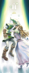 Rule 34 | 1boy, 1girl, beco, blue eyes, couple, closed eyes, gloves, hat, highres, hug, imminent kiss, light, link, long hair, long image, nintendo, pointy ears, princess zelda, revision, tall image, the legend of zelda, the legend of zelda: ocarina of time, tiara, triforce