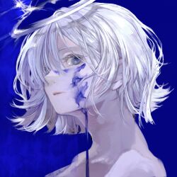 Rule 34 | 1girl, blue background, blue eyes, blue theme, c cand1e, closed mouth, hair between eyes, halo, highres, looking at viewer, original, paint splatter, paint splatter on face, parted lips, portrait, short hair, simple background, solo, white hair
