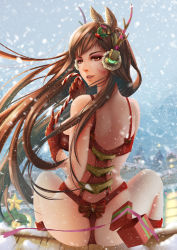 Rule 34 | 1girl, absurdres, animal ears, antlers, ass, back, bearwitch, bow, bow bra, bow panties, box, bra, breasts, brown eyes, brown hair, candy, candy cane, christmas, christmas tree, cloud, cloudy sky, d.va (overwatch), day, elbow gloves, eyelashes, facepaint, facial mark, fake animal ears, food, from behind, gift, gift box, gloves, hair ornament, hairpin, hands up, headphones, highres, holding, holly hair ornament, horns, large breasts, legs apart, long hair, looking at viewer, looking back, matching hair/eyes, nose, on roof, open mouth, outdoors, overwatch, overwatch 1, panties, pine tree, pink lips, red bow, red bra, red gloves, reindeer antlers, ribbon, shoulder blades, sitting, sitting on roof, sky, smile, snow, snowing, solo, spread legs, striped, striped bow, teeth, thong, tree, underwear, very long hair, whisker markings