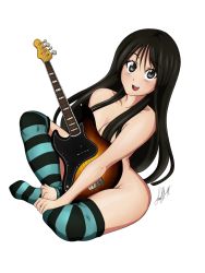 Rule 34 | 00s, 1girl, akiyama mio, bass guitar, black eyes, black hair, breasts, censored, commission, convenient censoring, covering privates, guitar, highres, indian style, instrument, k-on!, large breasts, long hair, looking at viewer, looking up, nude cover, sitting, smile, solo, stickyseieki, striped clothes, striped thighhighs, thighhighs, transparent background