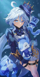 Rule 34 | 1girl, absurdres, black undershirt, blue bow, blue eyes, blue gemstone, blue hair, blue hat, blue jacket, blue ribbon, bow, bubble, closed eyes, cropped legs, furina (genshin impact), gem, genshin impact, gold trim, hair between eyes, hair ornament, hair stick, hat, hat ribbon, hermit crab, higashiwun izumi, highres, jacket, light blush, light smile, long hair, low twintails, mismatched pupils, own hands together, ribbon, solo, squid, thigh strap, thighs, tiara, twintails, underwater, vest, water drop, white vest