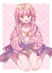 Rule 34 | 1girl, :d, blunt bangs, blush, border, braid, cable knit, cup, fingernails, footwear ribbon, frilled shirt, frills, hairband, highres, holding, holding cup, hood, hooded sweater, jewelry, long hair, looking at viewer, magia record: mahou shoujo madoka magica gaiden, mahou shoujo madoka magica, open mouth, outside border, paru rari, pink background, pink footwear, pink ribbon, pink sweater, polka dot, polka dot background, polka dot footwear, polka dot hairband, polka dot shirt, polka dot shorts, ribbon, ring, shirt, shorts, side braids, sidelocks, sitting, sleeveless, sleeveless shirt, slippers, smile, solo, spaghetti strap, sweater, tamaki iroha, tamaki iroha (roomwear costume), twitter username, very long hair, wariza, white border, yellow hairband, yellow shirt, yellow shorts