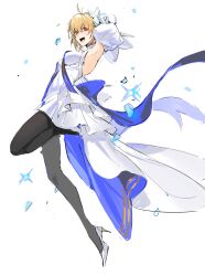 Rule 34 | 1girl, :d, absurdres, antenna hair, archetype earth, arcueid brunestud, arm up, blonde hair, blue ribbon, breasts, detached sleeves, dress, falling petals, fate/grand order, fate (series), flower, full body, hair flower, hair ornament, high heels, highres, jumping, looking at viewer, medium breasts, midair, open mouth, pantyhose, petals, red eyes, ribbon, short hair, simple background, smile, solo, tsukihime, white background, yoru yoru13