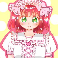 Rule 34 | 1girl, aqua eyes, artist name, artist request, blush, bow, breasts, center frills, close-up, cross-laced clothes, cross-laced dress, dress, female focus, frills, green eyes, hair between eyes, hair bow, hairband, heart, heart (symbol), heart print, highres, kurosawa ruby, lolita hairband, looking at viewer, love live!, love live! sunshine!!, parted lips, puffy short sleeves, puffy sleeves, red hair, short hair, short sleeves, small breasts, smile, solo, twintails, two side up, upper body, white bow, white dress, yellow background
