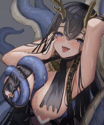 Rule 34 | 1girl, antlers, areola slip, azur lane, black hair, blue eyes, breast curtains, breasts, chain, fangs, golden hind (azur lane), hand on own face, highres, horns, kuwahara taiki, large breasts, long hair, looking at viewer, mole, mole under mouth, puffy nipples, reindeer antlers, solo, tentacles, tongue, tongue out, upper body, very long hair, wet