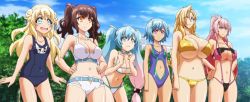 Rule 34 | &gt;:(, 6+girls, angel, arms at sides, bikini, blonde hair, blue eyes, blue hair, blush stickers, braid, breasts, brown hair, cleavage, gabriel (nanatsu no bitoku), hands on own hips, heterochromia, highres, huge breasts, large breasts, lineup, long hair, metatron (nanatsu no bitoku), midriff, multicolored hair, multiple girls, nanatsu no bitoku, navel, outdoors, pink hair, ponytail, purple eyes, raphael (nanatsu no bitoku), red eyes, sandalphon (nanatsu no bitoku), sariel (nanatsu no bitoku), school swimsuit, screencap, short hair, small breasts, smile, standing, stitched, swimsuit, tankini, third-party edit, twintails, underboob, uriel (nanatsu no bitoku)