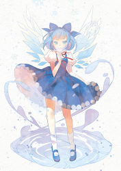 Rule 34 | 1girl, blue eyes, blue hair, bow, cirno, colored eyelashes, domotolain, dress, eyelashes, flower, hair bow, hydrokinesis, looking at viewer, mary janes, matching hair/eyes, necktie, red necktie, ribbon, shoes, short hair, short sleeves, smirk, snowflakes, socks, solo, touhou, water, white socks, wind, wings