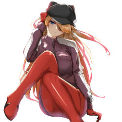 Rule 34 | 1girl, absurdres, blue eyes, bodysuit, closed mouth, evangelion: 3.0 you can (not) redo, eyepatch, hair between eyes, hat, highres, invisible chair, jacket, long hair, long sleeves, neon genesis evangelion, orange hair, pilot suit, plugsuit, rebuild of evangelion, red bodysuit, shiny clothes, simple background, sitting, solo, souryuu asuka langley, syica, white background, wide hips