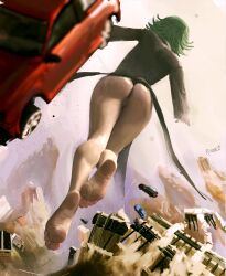 bare_legs barefoot black_dress car city destruction dress feet floating from_behind giant giantess motor_vehicle one-punch_man pussy rammzi soles tatsumaki telekinesis toes