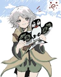 Rule 34 | 1other, absurdres, androgynous, ascot, bird, black sleeves, blue sky, blush stickers, brown ascot, cloud, coat, cowboy shot, day, green shorts, grey eyes, grey hair, highres, holding kite, houlen yabusame, jinbei (clothes), layered sleeves, len&#039;en, long sleeves, nami oto, notice lines, open mouth, other focus, outdoors, short hair with long locks, short over long sleeves, short sleeves, shorts, sky, smile, solo, sun, swallow (bird), teeth, wide sleeves, yellow coat, yellow sleeves