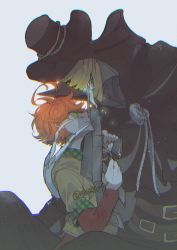 Rule 34 | 1boy, 1girl, ahoge, angry, artist name, belt, belt buckle, black coat, black headwear, brown belt, buckle, chromatic aberration, closed mouth, coat, collar, collared shirt, colored sclera, demon, emma (yakusoku no neverland), face-to-face, from side, green eyes, grey background, gun, gun in mouth, hat, highres, holding, holding gun, holding weapon, leuvis (yakusoku no neverland), looking at another, monster, open mouth, orange hair, red sleeves, shadow, shirt, short hair, simple background, smile, teeth, upper body, weapon, xi yuu, yakusoku no neverland, yellow eyes, yellow sclera