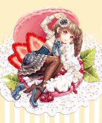 Rule 34 | 1girl, bow, brown hair, brown pantyhose, cream, doily, dress, drill hair, floral print, food, fruit, hair ornament, high heels, in food, lying, macaron, mini person, minigirl, open mouth, original, oversized object, pantyhose, pink eyes, print pantyhose, red eyes, saban, shoes, single shoe, solo, strawberry, twin drills, twintails