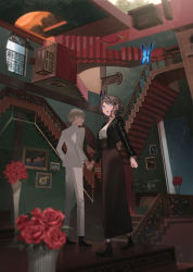 Rule 34 | 1boy, 1girl, armor, black footwear, black hairband, black jacket, blonde hair, blue eyes, breasts, brown hair, brown skirt, bug, butterfly, commentary request, cropped jacket, door, earrings, flower, full body, glowing, hair over one eye, hairband, high collar, highres, holding hands, indoors, insect, jacket, jewelry, kururi, long skirt, long sleeves, looking at another, looking away, looking to the side, m c escher, necklace, open mouth, original, pants, picture frame, railing, red flower, shirt, shoes, short hair, sideways glance, skirt, small breasts, stairs, standing, vase, white pants, white shirt, window
